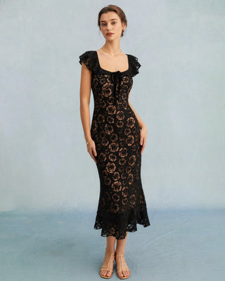 Vestido Midi de Sirena con Volantes Texturizados en Negro