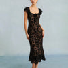 Vestido Midi de Sirena con Volantes Texturizados en Negro