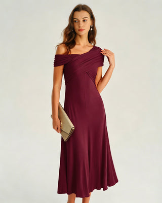 Vestido Midi Arrugado de Un Hombro en Rojo Vino