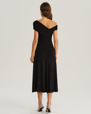 Vestido Midi A-Line de Un Hombro Negro