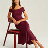 Vestido Midi Arrugado de Un Hombro en Rojo Vino