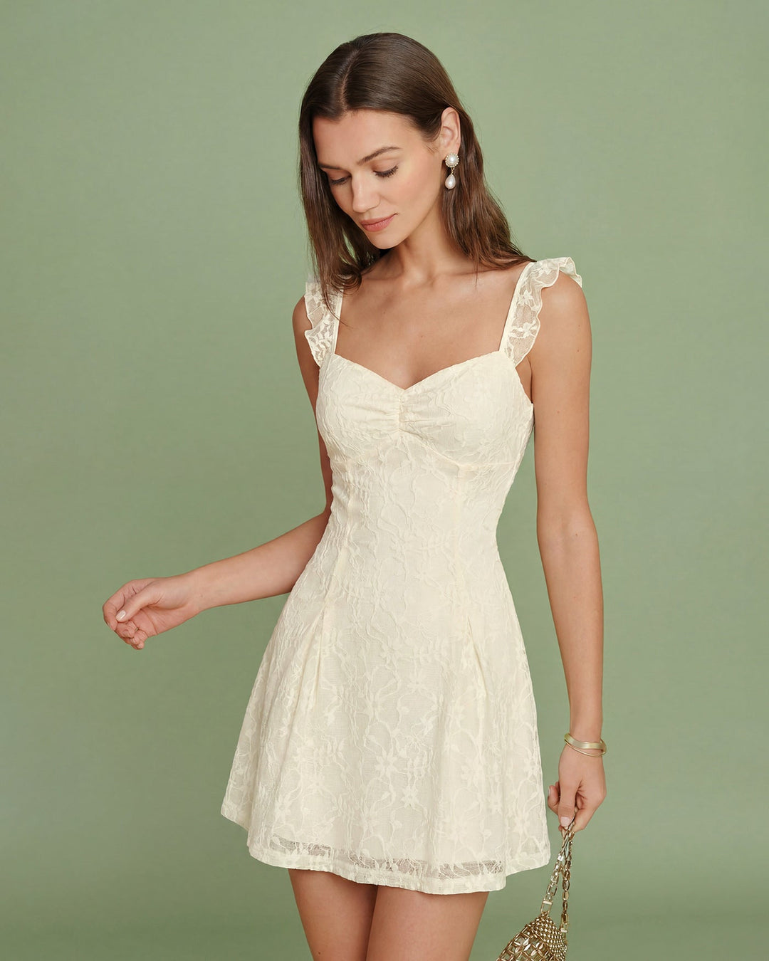 Vestido Mini de Encaje Floral con Escote Corazón en Albaricoque