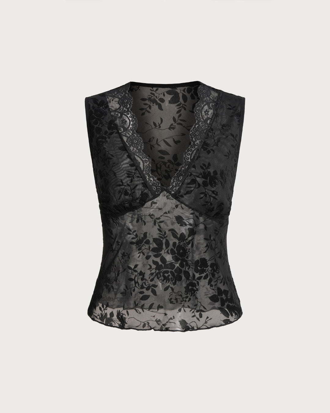 Top sin mangas de encaje negro con cuello en V