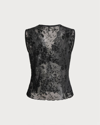 Top sin mangas de encaje negro con cuello en V