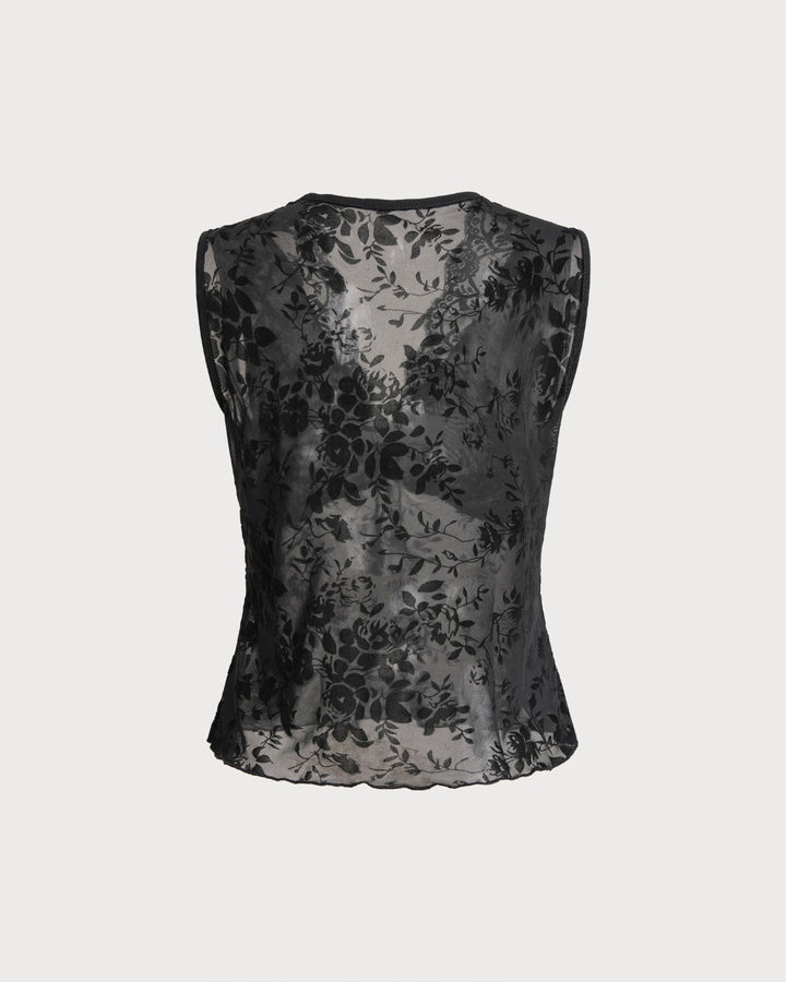 Top sin mangas de encaje negro con cuello en V