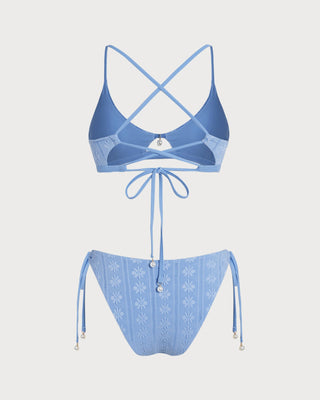 Conjunto de Bikini Triangular Floral Azul con Cuello en U