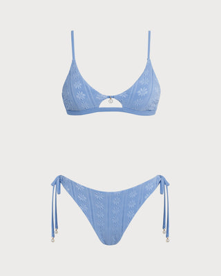Conjunto de Bikini Triangular Floral Azul con Cuello en U