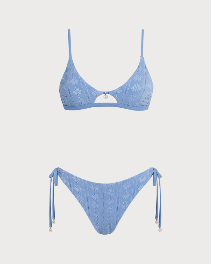 Conjunto de Bikini Triangular Floral Azul con Cuello en U