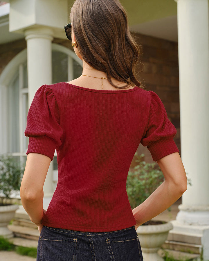 Camiseta Roja de Cuello en V con Mangas de Linterna