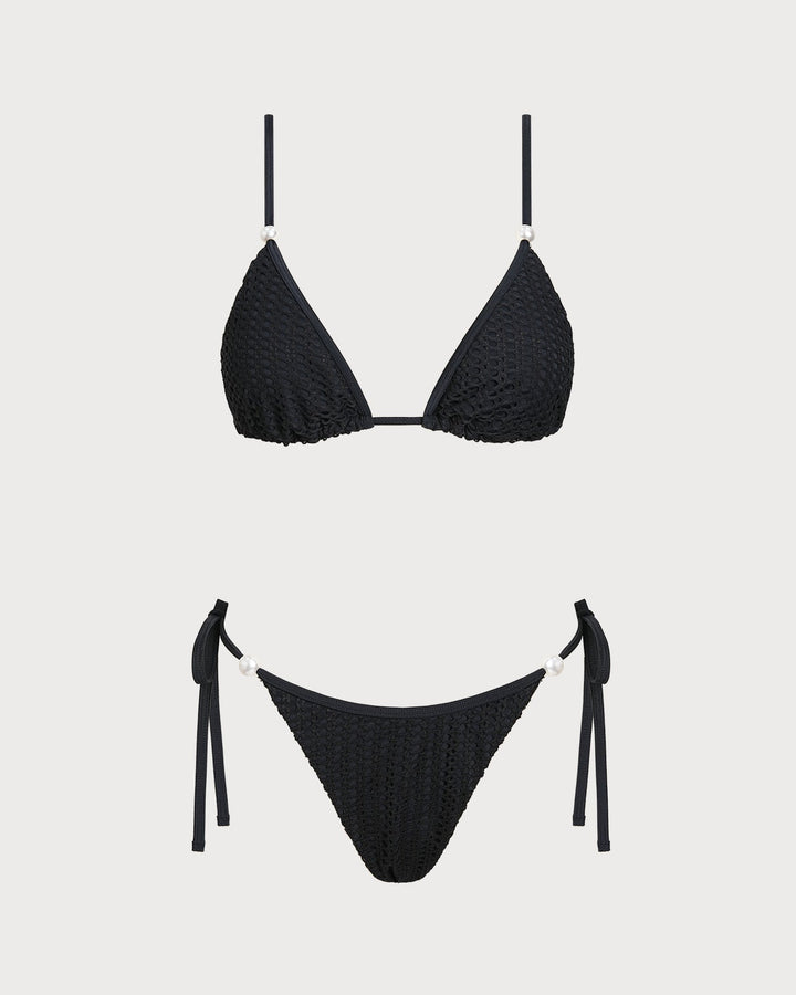 Conjunto de Bikini Texturizado con Escote en V Negro