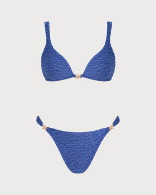 Conjunto de Bikini Texturizado Triangular con Escote en V Azul
