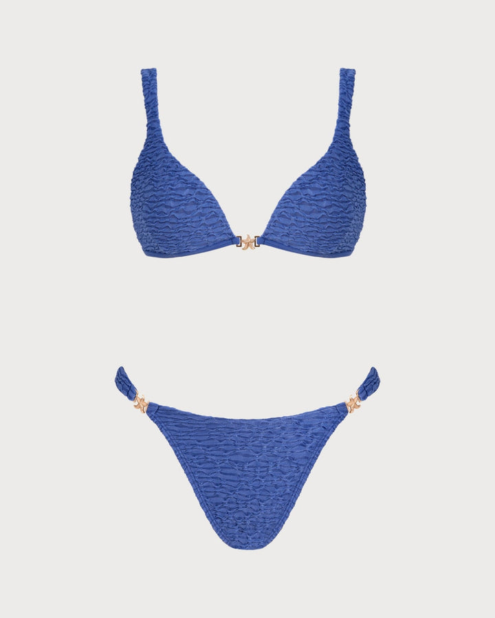 Conjunto de Bikini Texturizado Triangular con Escote en V Azul