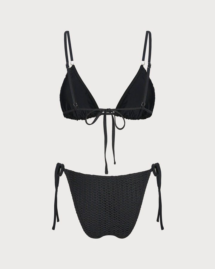 Conjunto de Bikini Texturizado con Escote en V Negro