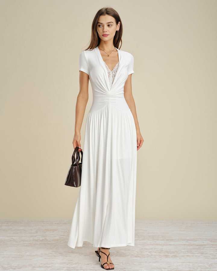 Vestido Maxi Blanco con Encaje y Corte en V