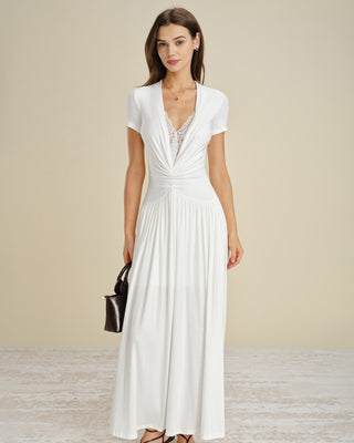Vestido Maxi Blanco con Encaje y Corte en V
