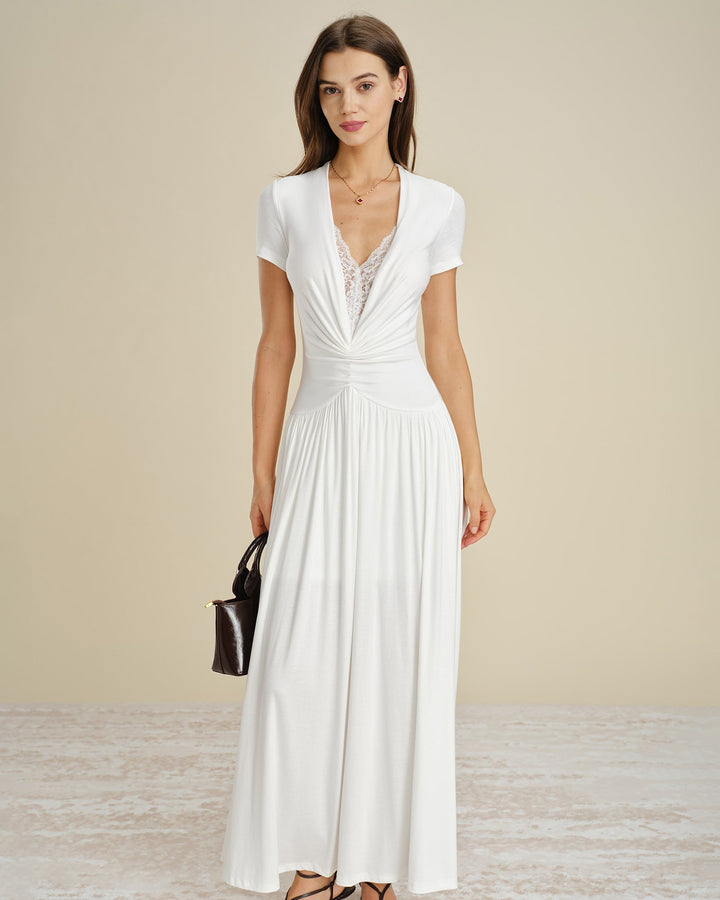 Vestido Maxi Blanco con Encaje y Corte en V
