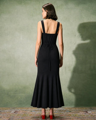 Vestido Largo con Escote Corazón y Volantes Negro