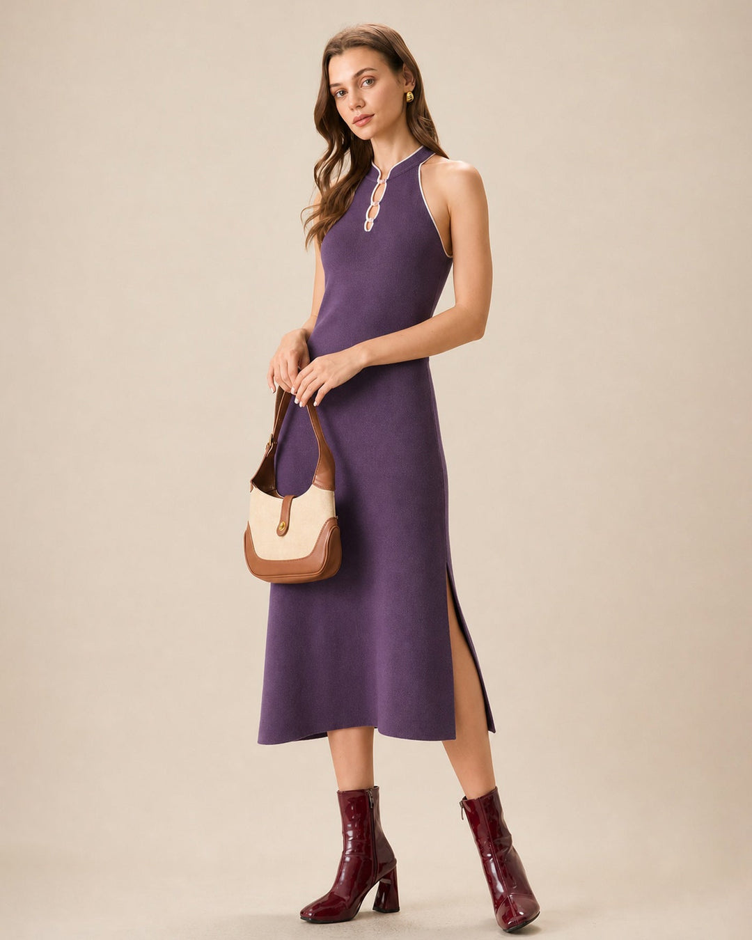 Vestido Midi Sirena con Cuello Mandarín y Abertura en Púrpura