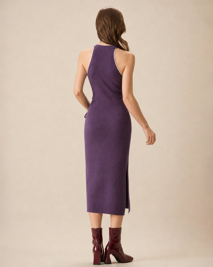 Vestido Midi Sirena con Cuello Mandarín y Abertura en Púrpura