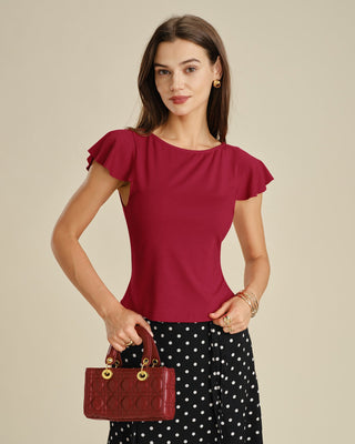 Camiseta de Punto de Cuello Barco Sólido Roja