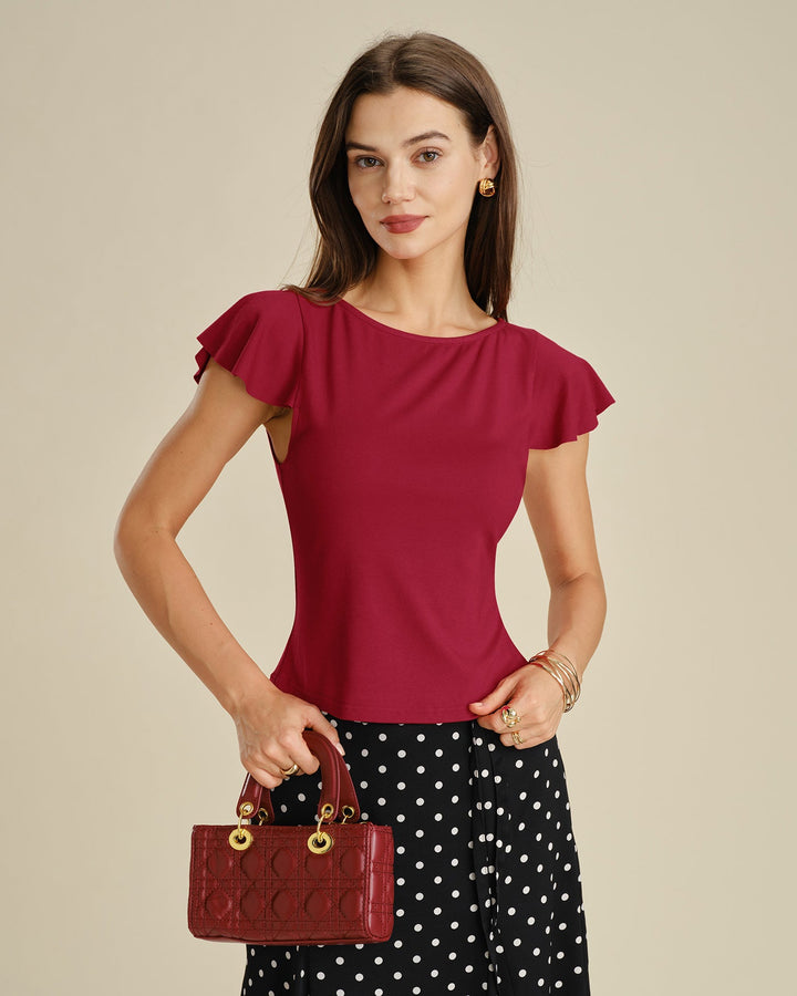 Camiseta de Punto de Cuello Barco Sólido Roja