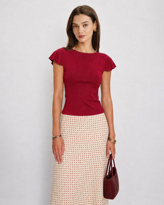Camiseta de Punto de Cuello Barco Sólido Roja