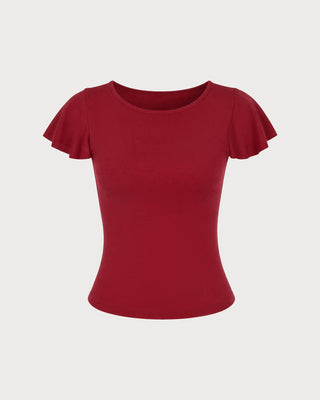 Camiseta de Punto de Cuello Barco Sólido Roja