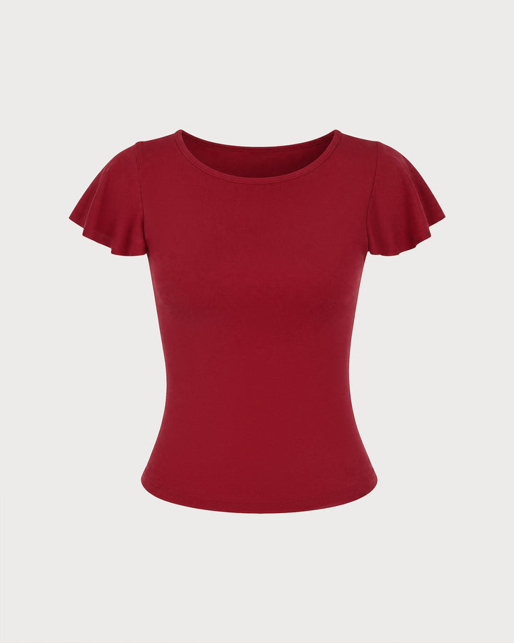 Camiseta de Punto de Cuello Barco Sólido Roja