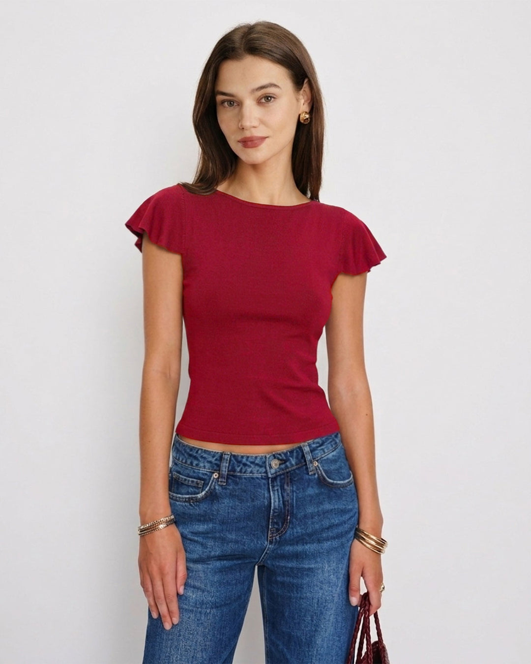 Camiseta de Punto de Cuello Barco Sólido Roja