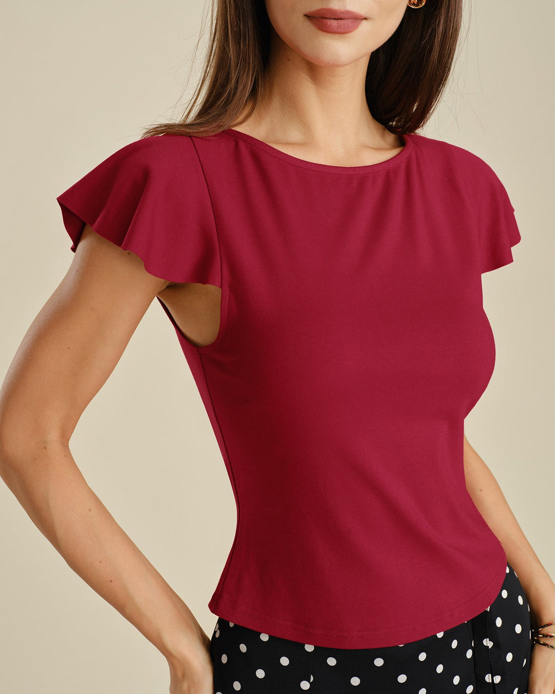 Camiseta de Punto de Cuello Barco Sólido Roja