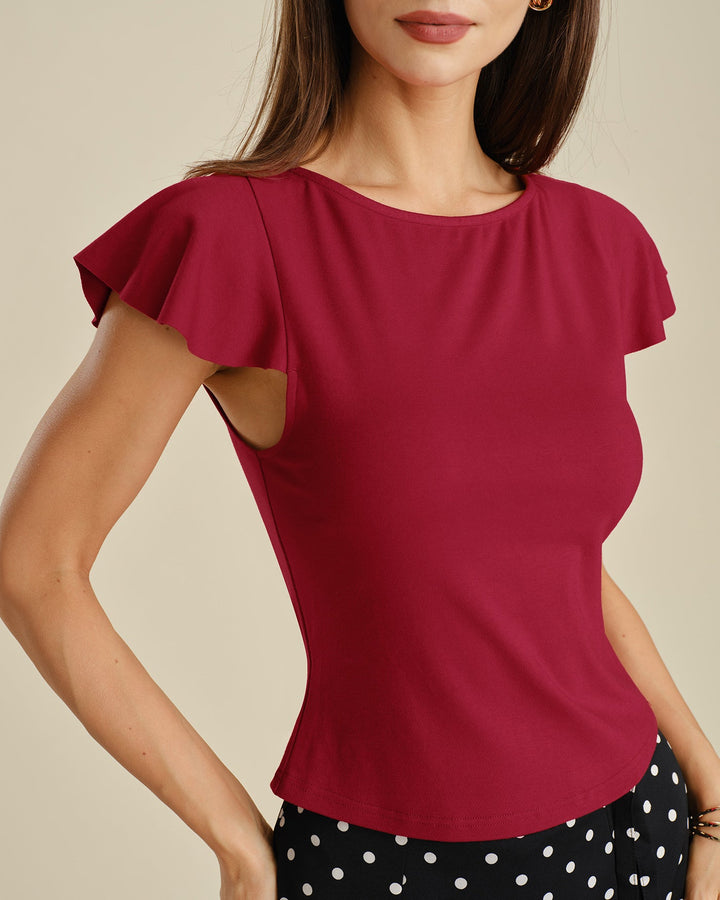 Camiseta de Punto de Cuello Barco Sólido Roja