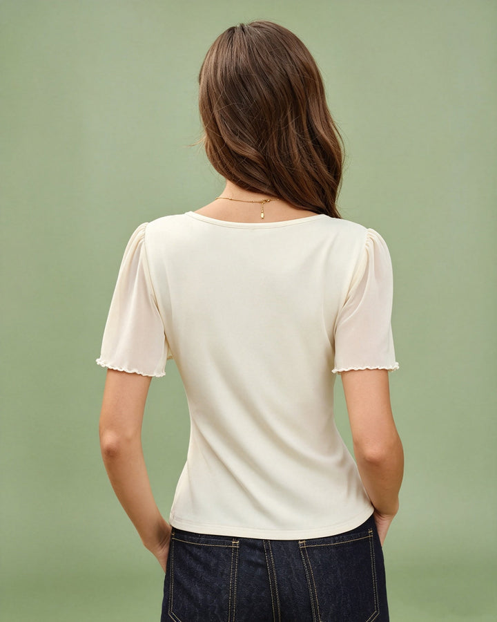Camiseta de Encaje con Espalda de V y Lazo en Melocotón