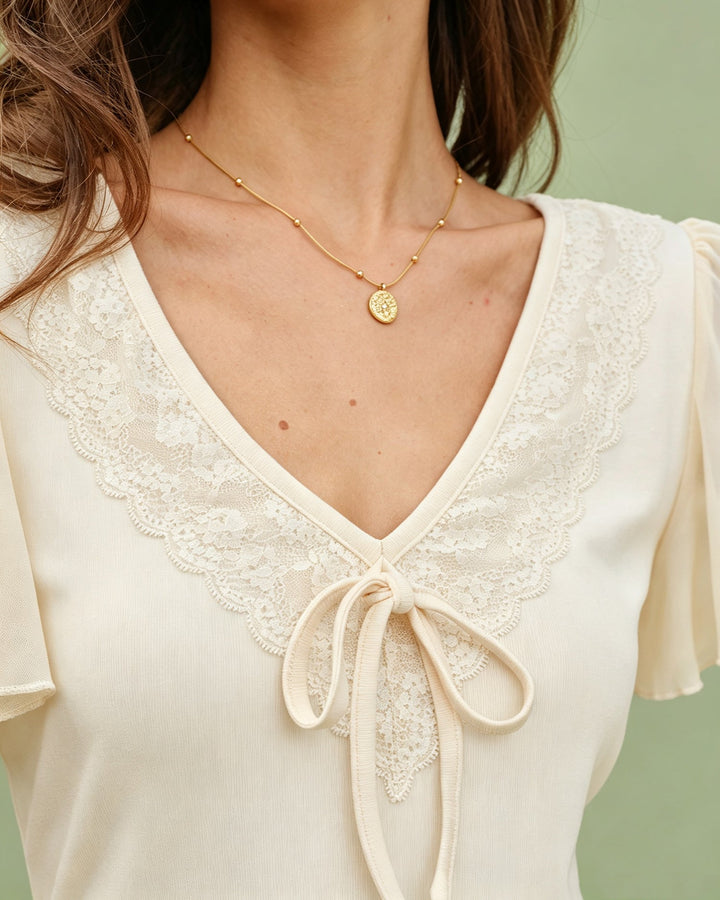 Camiseta de Encaje con Espalda de V y Lazo en Melocotón