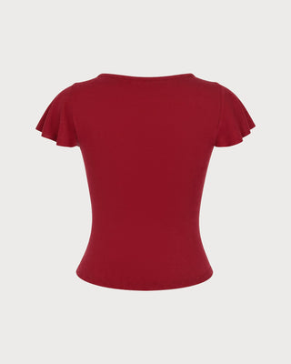 Camiseta de Punto de Cuello Barco Sólido Roja