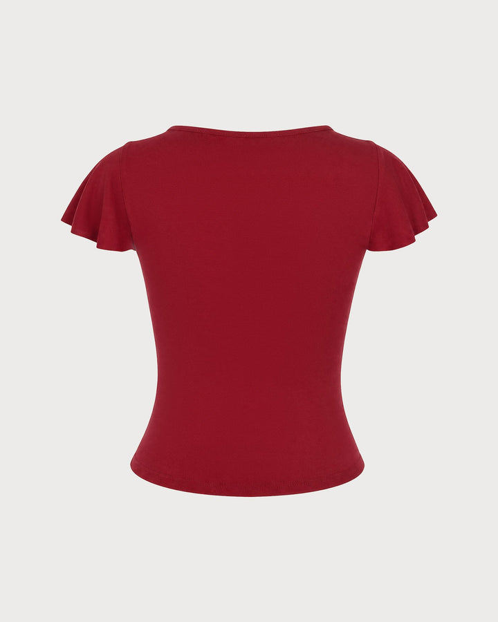 Camiseta de Punto de Cuello Barco Sólido Roja