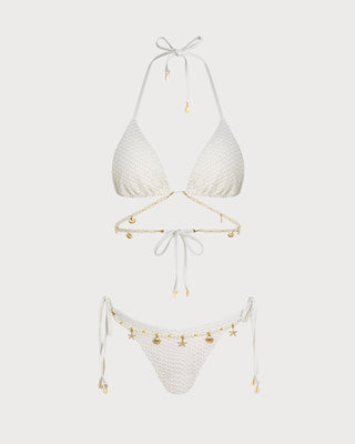 Conjunto de Bikini Triangular con Tirantes de Corbata Blanca