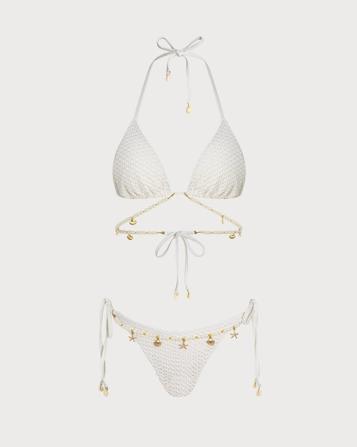Conjunto de Bikini Triangular con Tirantes de Corbata Blanca