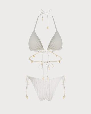 Conjunto de Bikini Triangular con Tirantes de Corbata Blanca