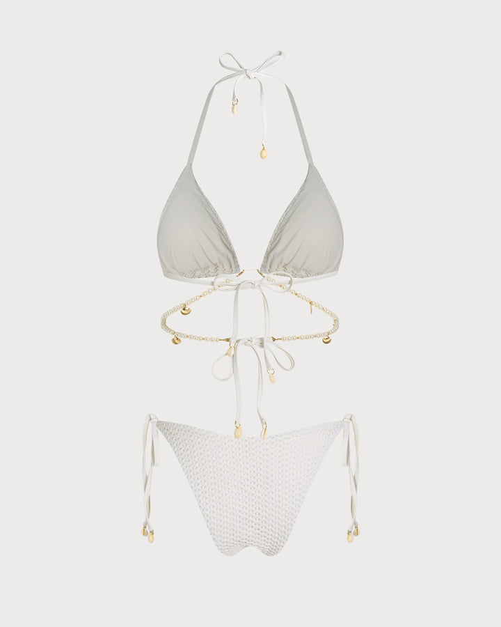 Conjunto de Bikini Triangular con Tirantes de Corbata Blanca