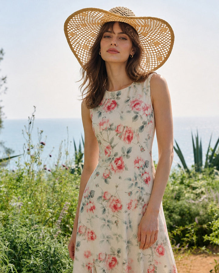 Vestido Maxi Floral Sin Mangas de Cuello Redondo Rosa
