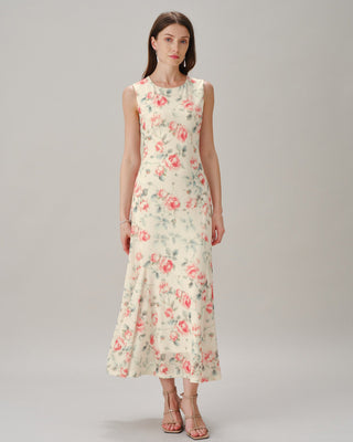 Vestido Maxi Floral Sin Mangas de Cuello Redondo Rosa