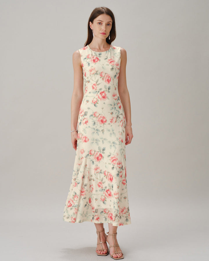Vestido Maxi Floral Sin Mangas de Cuello Redondo Rosa