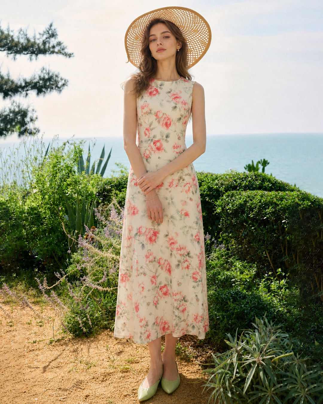 Vestido Maxi Floral Sin Mangas de Cuello Redondo Rosa