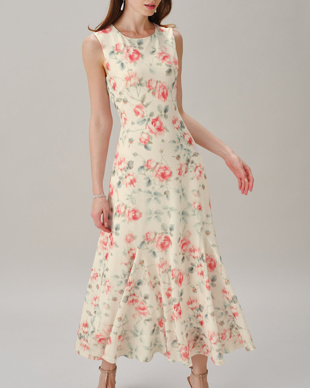 Vestido Maxi Floral Sin Mangas de Cuello Redondo Rosa
