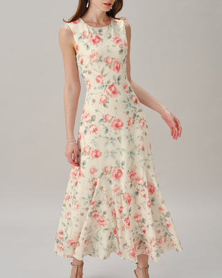 Vestido Maxi Floral Sin Mangas de Cuello Redondo Rosa