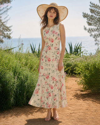 Vestido Maxi Floral Sin Mangas de Cuello Redondo Rosa