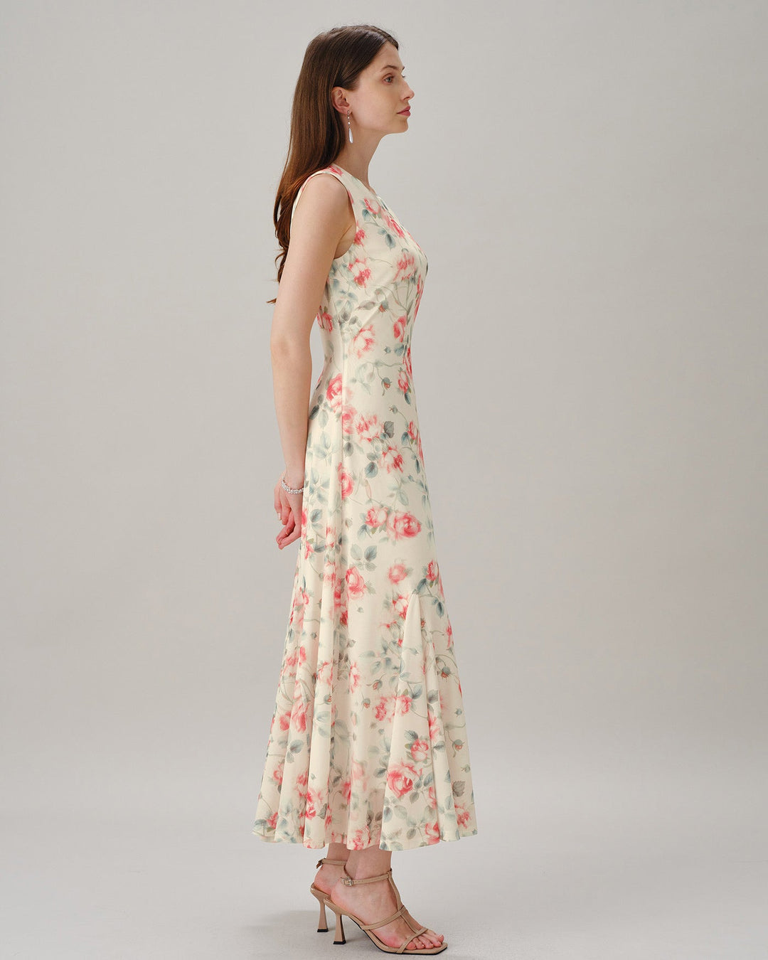 Vestido Maxi Floral Sin Mangas de Cuello Redondo Rosa