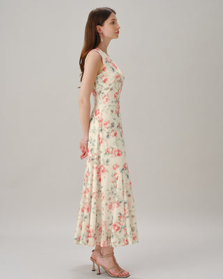 Vestido Maxi Floral Sin Mangas de Cuello Redondo Rosa