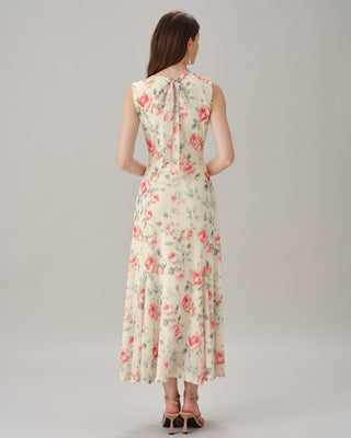Vestido Maxi Floral Sin Mangas de Cuello Redondo Rosa