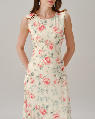 Vestido Maxi Floral Sin Mangas de Cuello Redondo Rosa